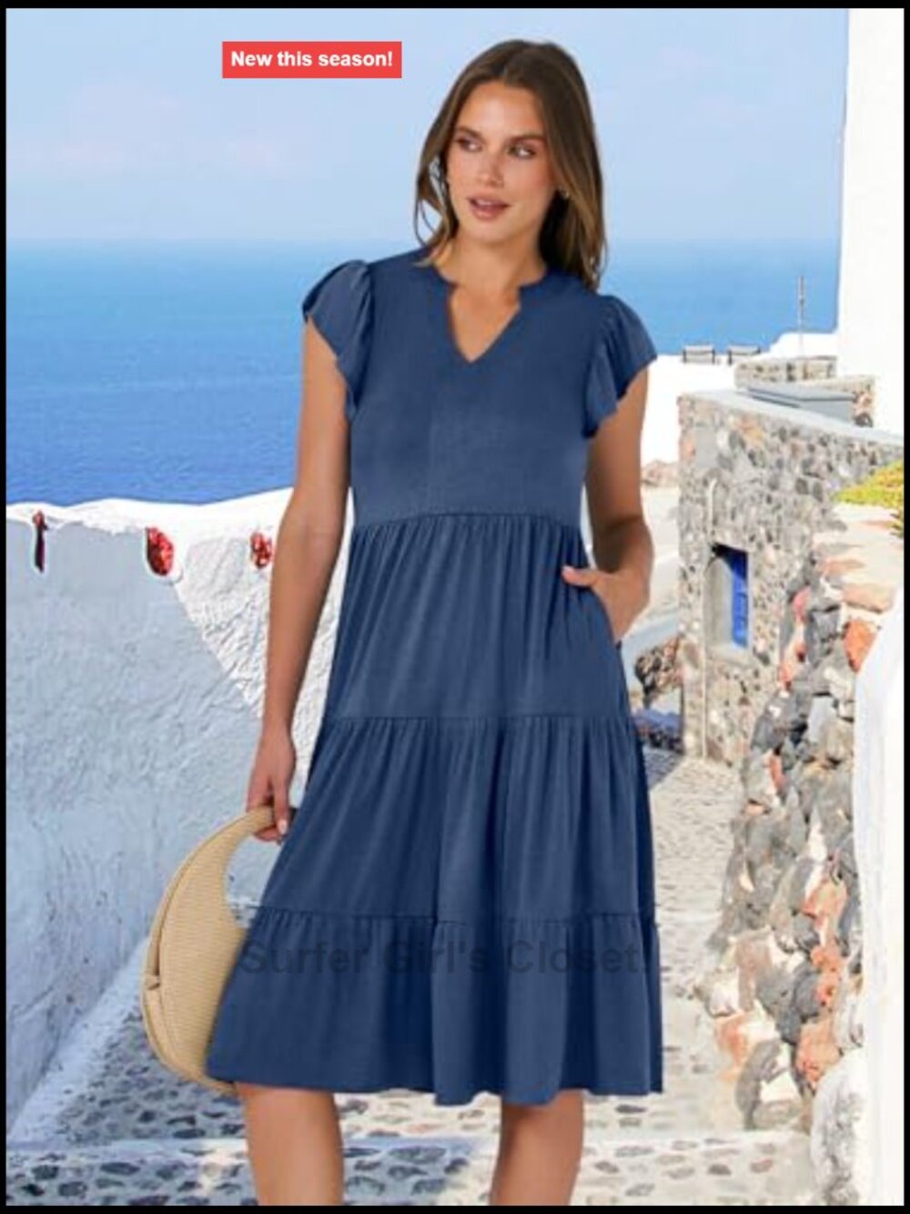 V Neck Ruffle Sleeve Tiered Midi Dress Flowy Summer Boho Beach - Picture 4 of 7